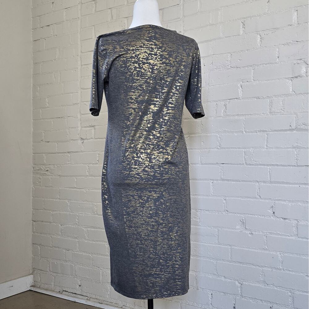 LuLaRoe Carly Dress Gray & Metallic Gold Foil Limited Edition Short Sleeve Dress - Picture 3 of 12